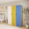 3 Doors Bedroom Armoire Wardrobe Closet Cabinet, 3 Drawers Wardrobe Closet with Hanging Rod, 3-Colors Wood Closet Wardrobe for Large Storage